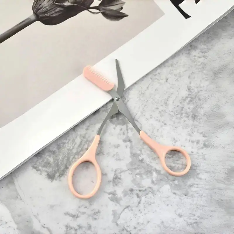 Pink Stainless Steel 1pc Eyebrow Trimming Scissors-Precision Grooming Tool with Built-In Comb for Perfect Brows-Non-recharge