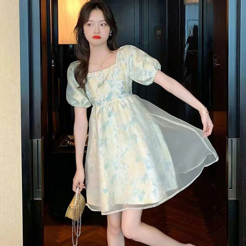 

Women Dress for 2023 Printed Mesh Bubble Sleeve Floral Princess Dress Summer French Super Fairy Square Neck Waist Floral Ties