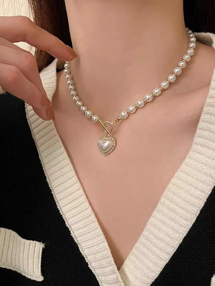 S9b6b7bdc341f45d08978b0f106fccb58k Elegant Pearl Necklace for Women Heart Pendant Necklaces Luxury Imitation Pearls Chain Necklaces Korean Jewelry Girls Gifts Mallzona