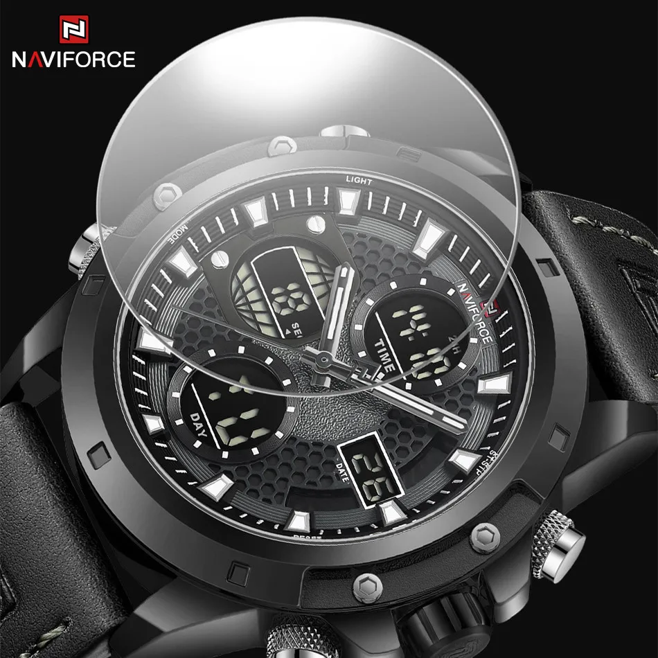 NAVIFORCE Men Sport Watch Fashion Genuine Leather Strap Dual