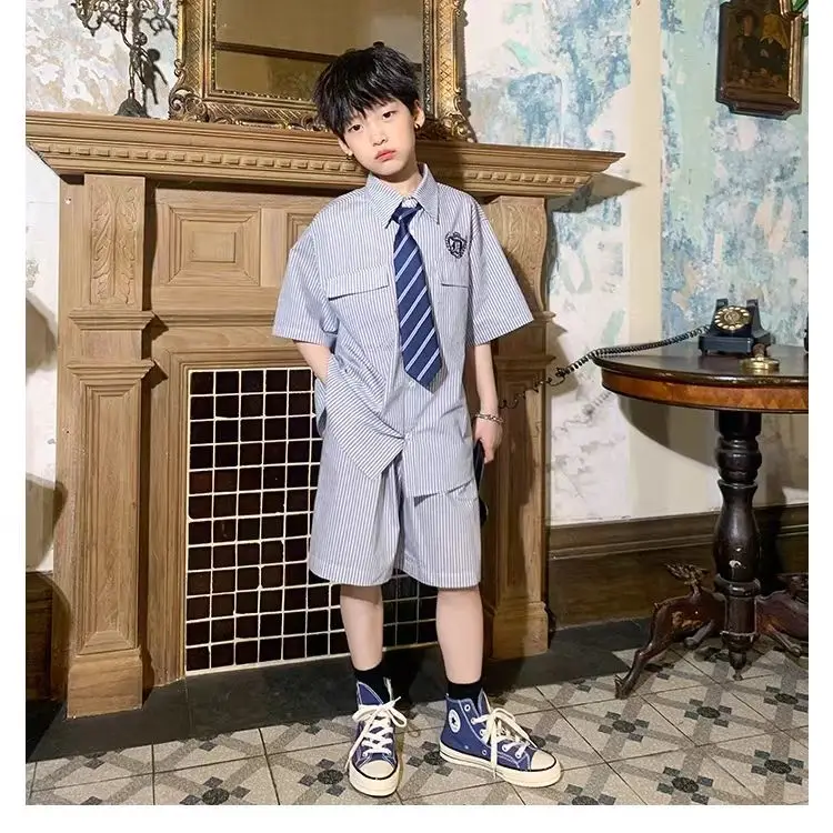 summer junior boys short sets Korean boys striped shirt+shorts+belt 3pcs 4 5 6 10 12 kids boy clothes suit children outfits