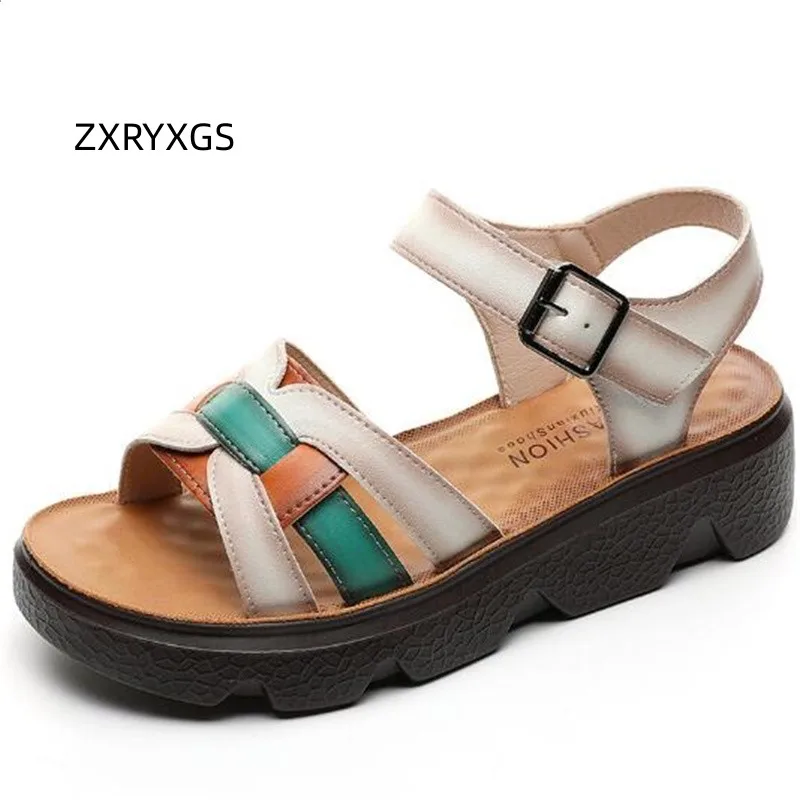 

ZXRYXGS 2023 Genuine Leather Spell Color Summer Roman Sandals Flat Thick Sole Light Non-slip Wedges Sandals Women Sandal Shoes