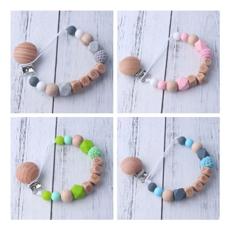 

Custom Personalized Name Pacifier Clip Handmade Beech Wooden Chain Silicone Crochet Holder Soother Baby Teething Toy Chew Gift