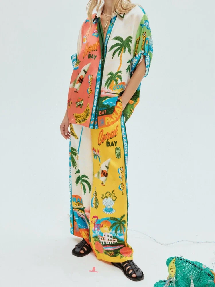 

2024 Spring Summer Pink Coconut Flower Print Half Sleeve Painted Blouse Tops and Pants Set