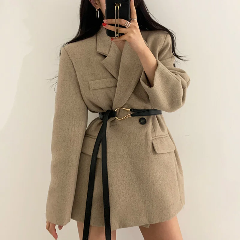 Autumn Winter Women Short Coat with Belt Long Sleeve Thick Turn-down Collar Double Breasted Minimalist Korean Ladies Jacket