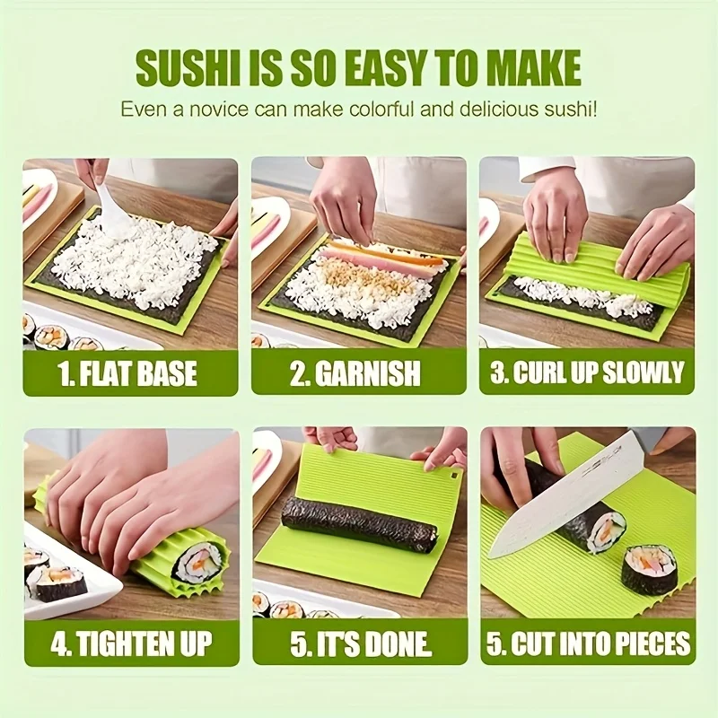 Reusable Silicone Sushi Roller Mat - Bamboo Pattern, Easy Wash & Mildew Resistant, Portable Sushi Making Kit