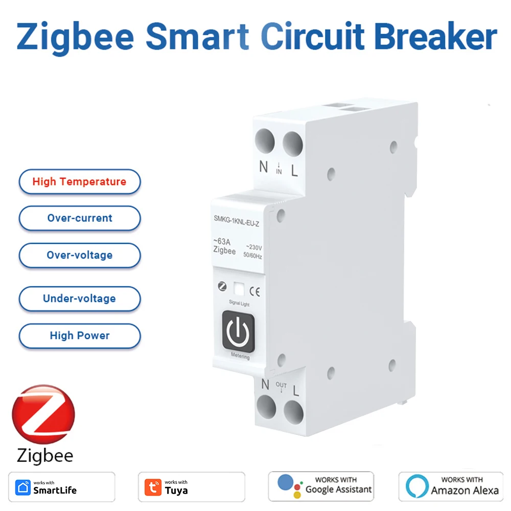 

Автоматический выключатель Tuya Zigbee, умный автоматический выключатель с измерителем, 1P, 63a, DIN-рейка, работает с Alexa Home Яндекс Alice