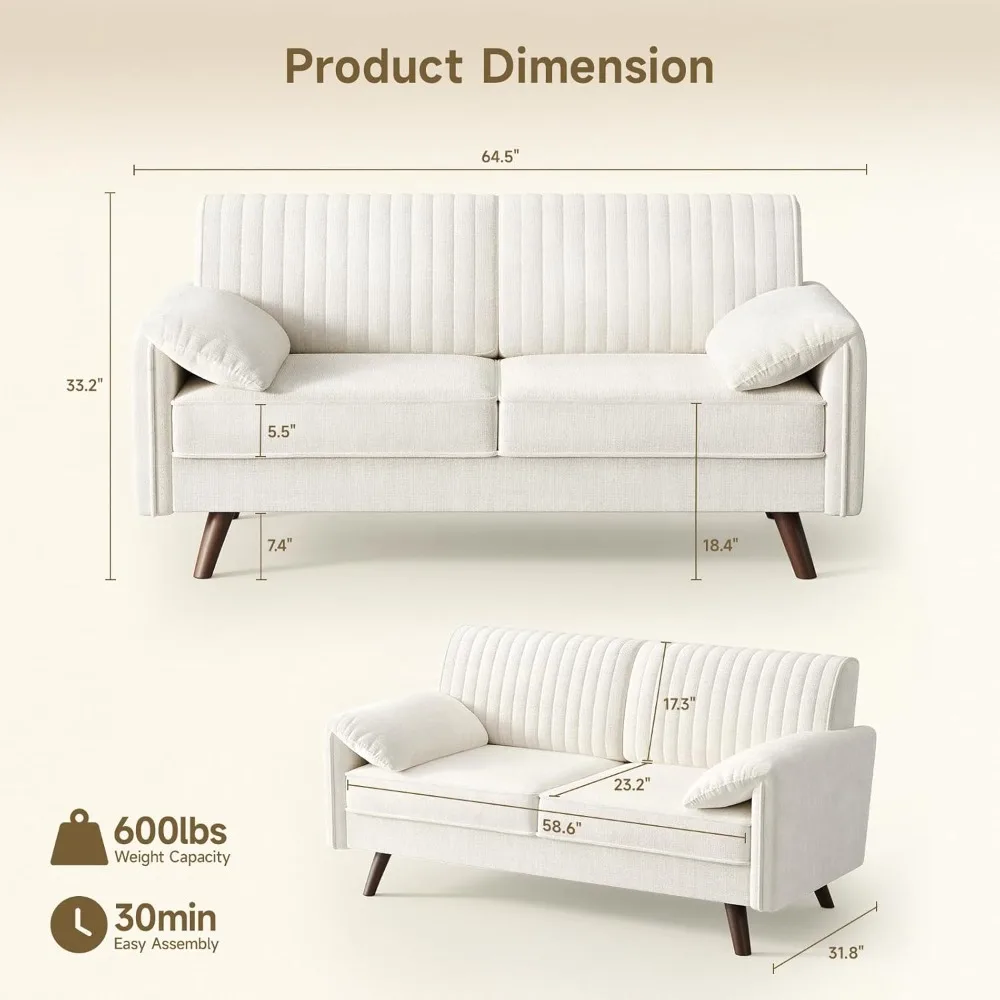 64.5" loveseat sofa, chenille loveseat couch for living room, 23.2" deep seat love seat with padded arms, comfy modern small cou