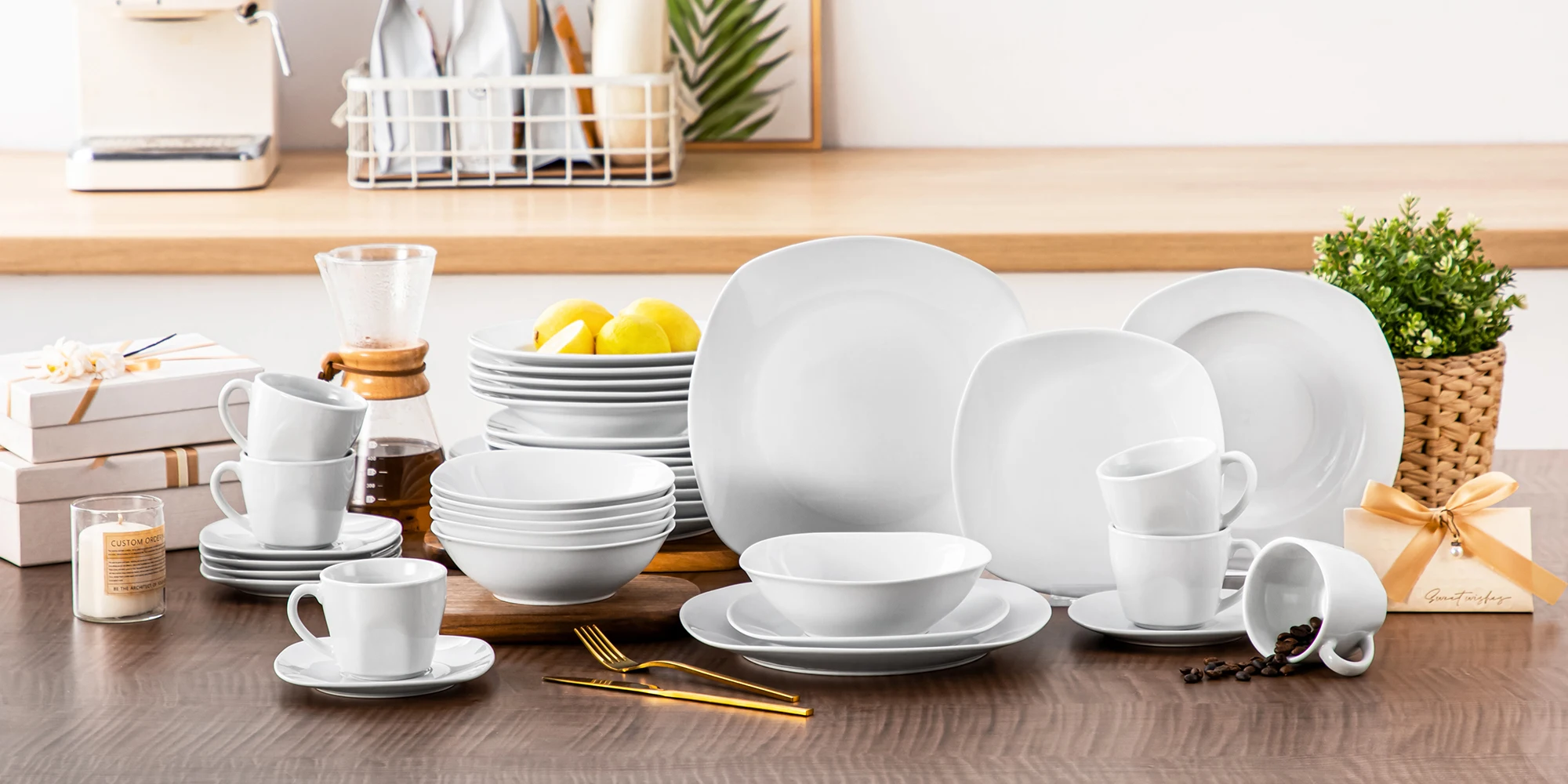 MALACASA 36-teiliges weißes Porzellan-Geschirrset Elisa Keramik-Tellerset mit 6 Stück Speiseteller/Dessertteller/Suppenteller/Schüssel/Untertasse/Tasse – Detail 1