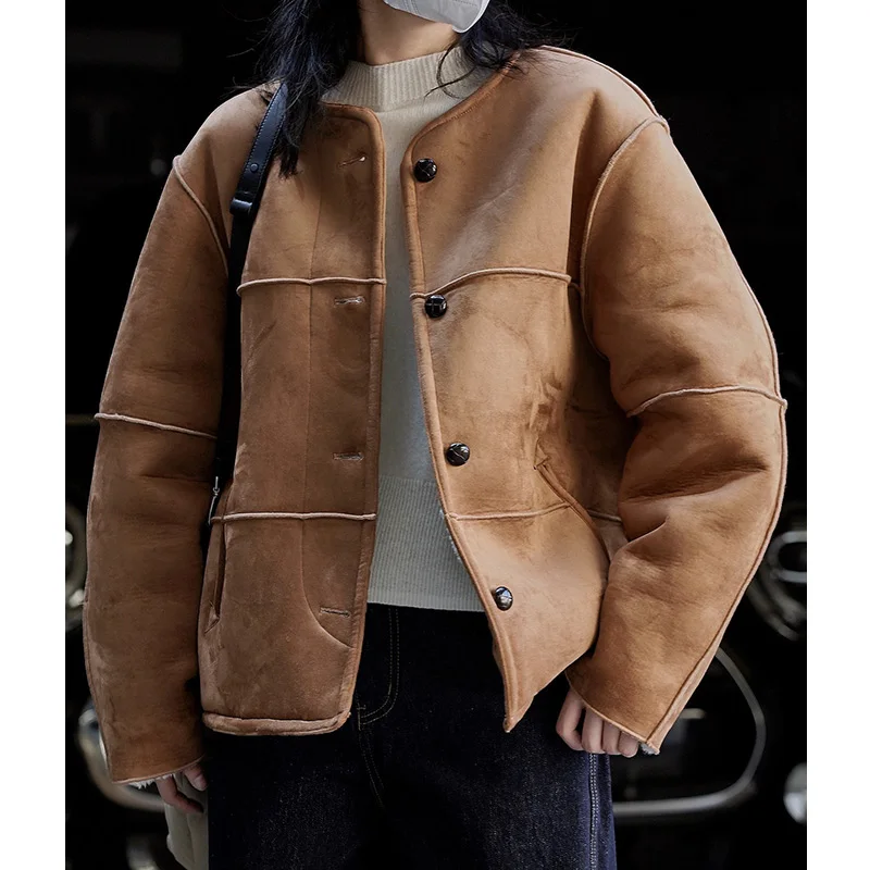 

ENjoyce Women Lamb Wool Coats Sheepskin Fleece Down Jackets Harajuku Thicken Collarless Warm Outerwear Two Sides Wear for Winter