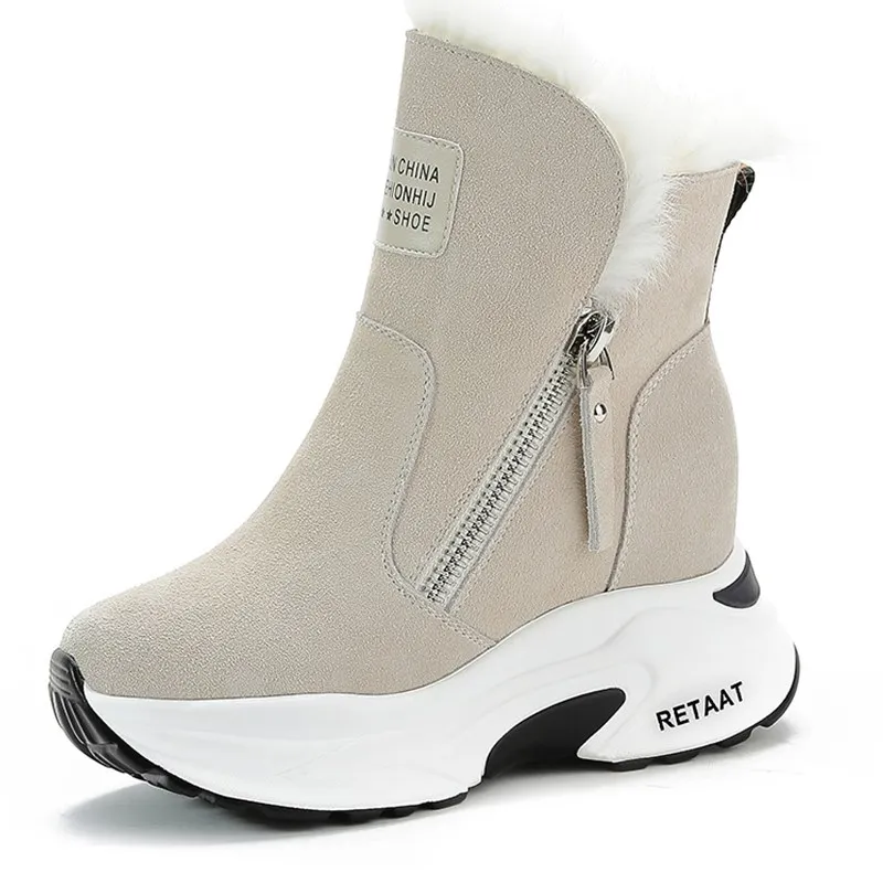 

Free Ship Women Snow Boots Genuine Leather Suede Natural Fur 8.5cm Platform Wedge Zipper Women Winter Shoes Warm Ankle Booties