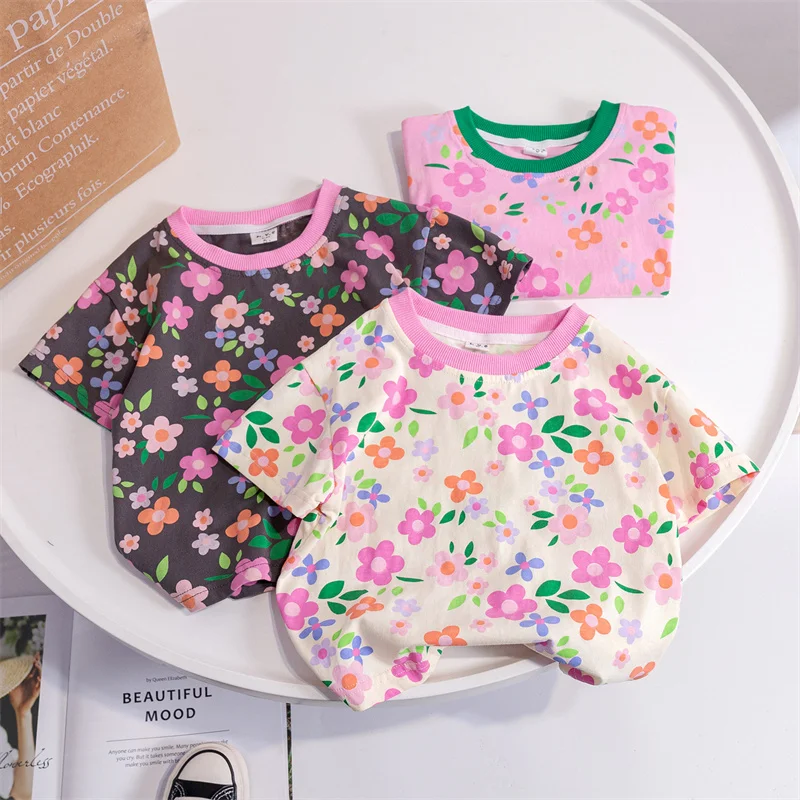 

SAILEROAD Summer Flowers T Shirt Cotton Short Sleeve Cartoon Bow-knot T-shirts Kids Tee Girl Tops Children Clothes