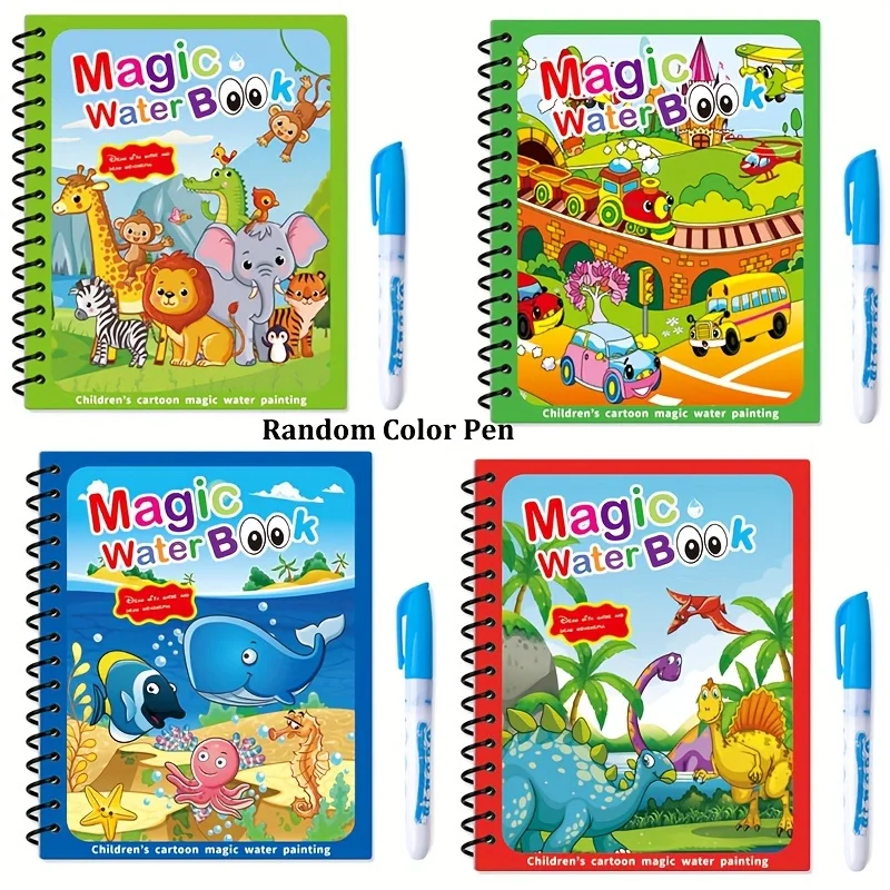 1/4Pack Magic Water Coloring Books with Pen Reusable Water-Reveal Drawing Pads Educational Water Paint Graffiti Books