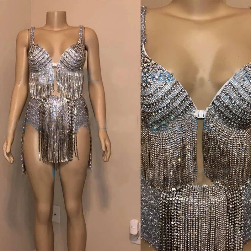 

Rhinestones Bikini Stage Outfit Silver Crystals Bra Tassels High Waist Shorts Nightclub Female GOGO Jazz Modern Dance Costume