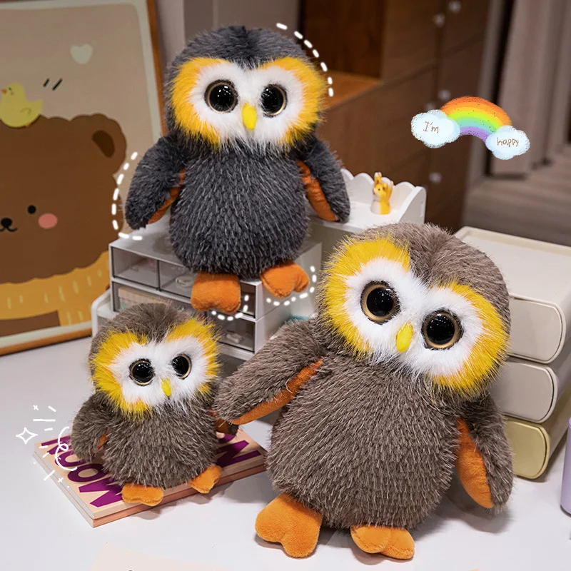 Lifelike Real Owl Plush Doll Brown Gray Round Animal Big Eyes With