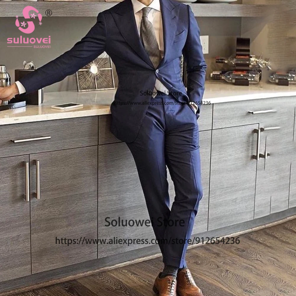 Fashion Navy Blue Business Suits For Men Slim Fit 2 Piece Jacket Pants Set Male Blazer Formal Groom Wedding Peaked Lapel Tuxedo