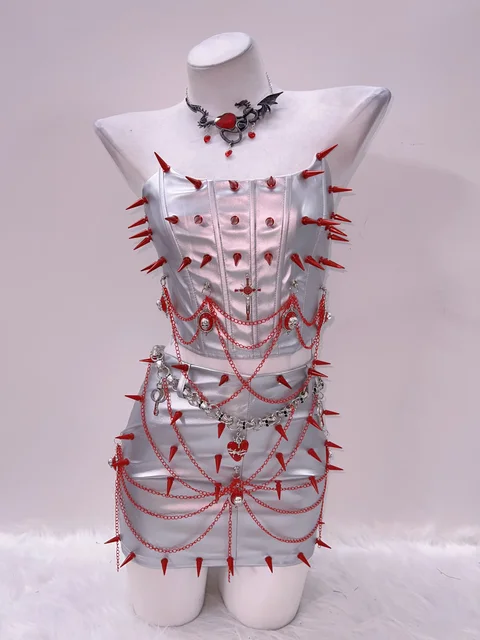 Red Spikey Silver Top and Skirt Set 3