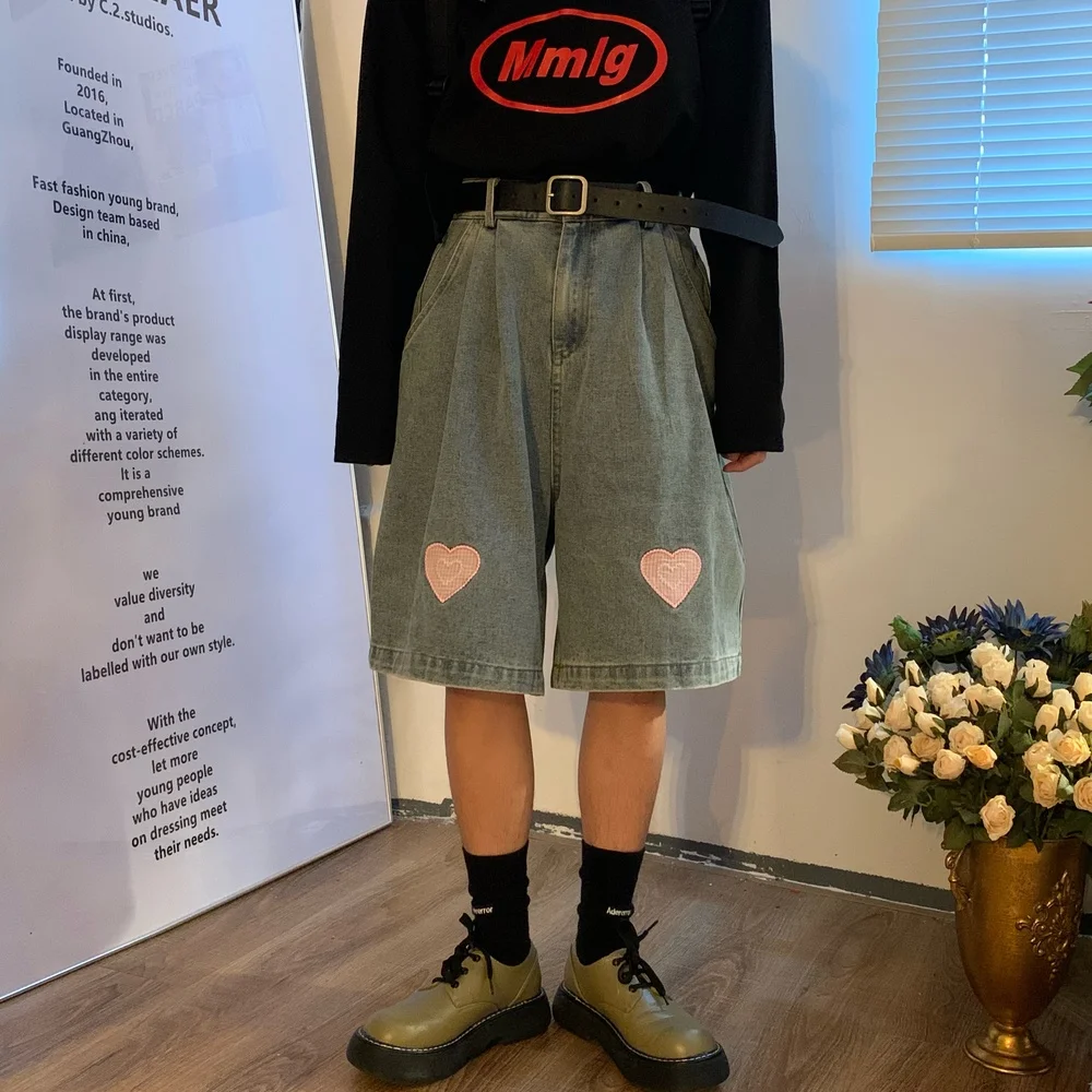 

Heart Embroidery Denim Baggy Jeans Women Couples Loose Knee Length Distressed Jeans Woman Pants Ins Summer 2022 Boyfriend Jeans