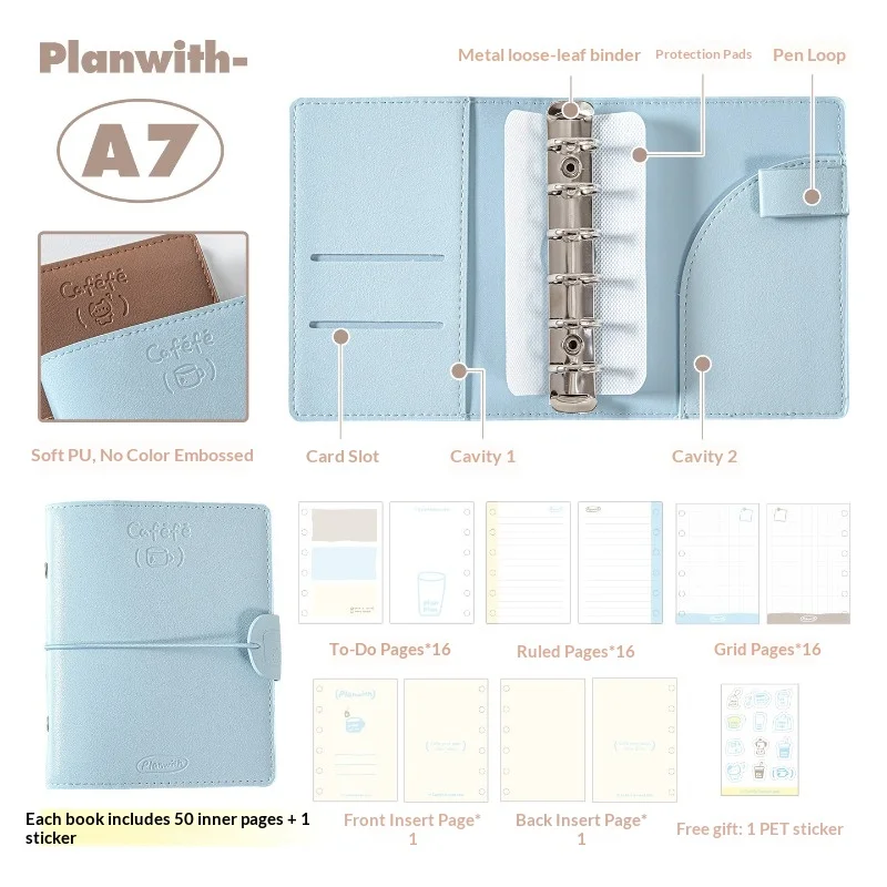 Planwith A7 어젠다 플래닝 노트, 고급 PU 소프트 가죽 루즈리프 개인 다이어리, 두꺼운 내부 페이지 루즈리프