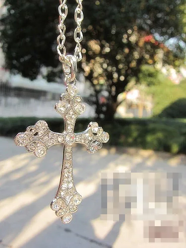 Big Silver Color Cross Pendant Necklace Crystal Rhinestone