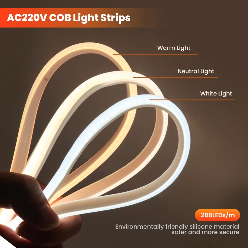 220V 240V COB Neon LED Strip Light 1M 5M 10M 288LEDs/m EU Power Plug Warm White Red Blue Bright Flex lamp Waterproof Lighting