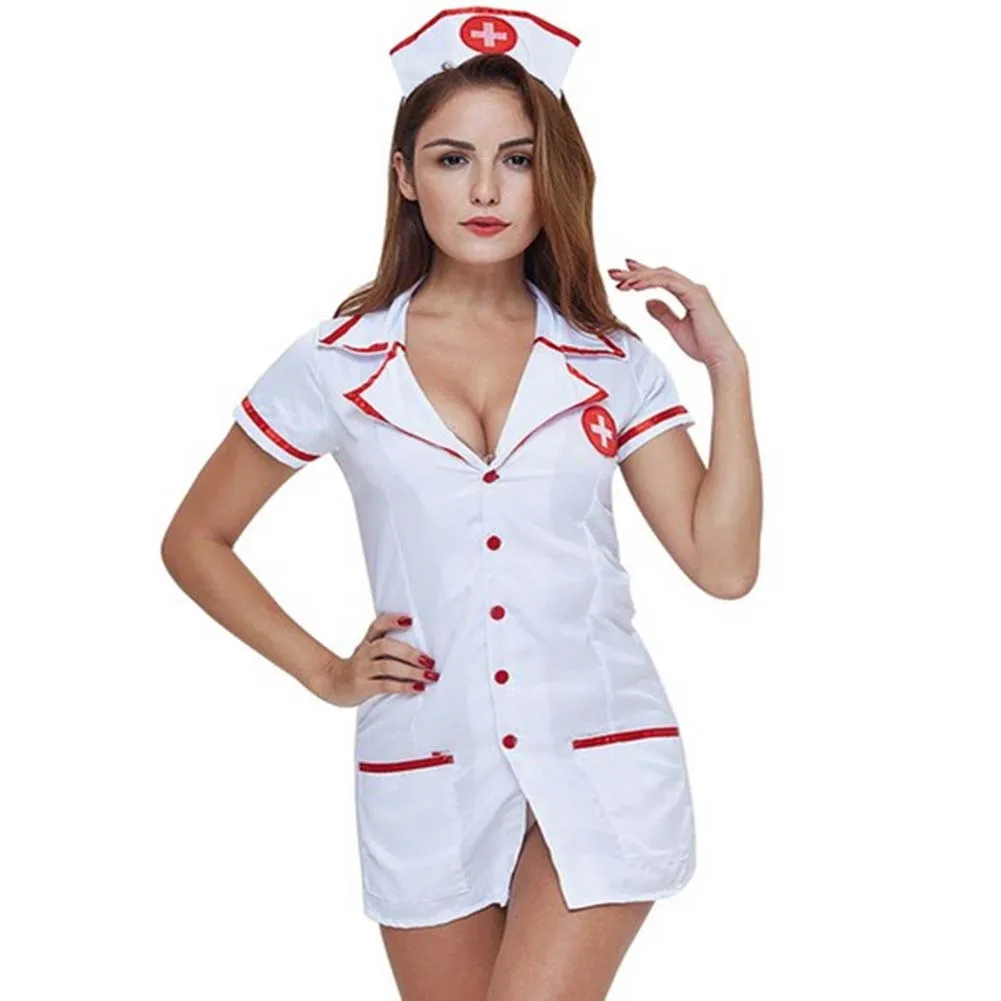 

Women Lingerie Nurse Uniform Cosplay Sexy Nurse Lingerie Set Naughty Costumes V Neck with Headwear Feminine Sleepwear Nightwear