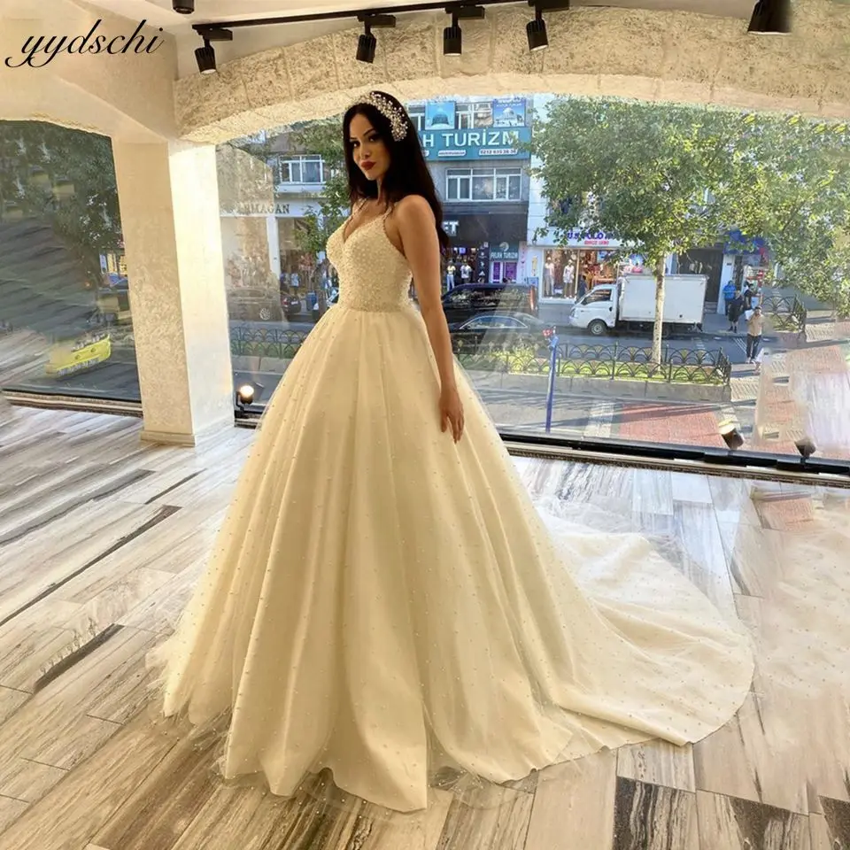 

Luxury Glitter Pearls Beading Sleeveless Wedding Dress 2023 Princess V-Neck Spaghetti Straps Women Bride Gowns Vestidos De Novia