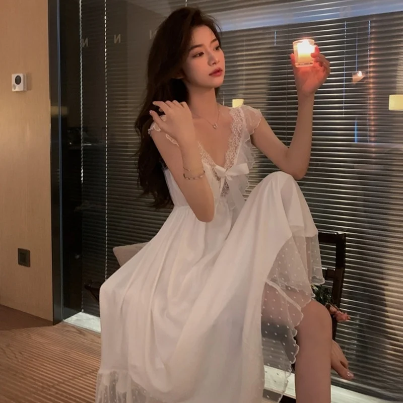 로맨틱 프린세스 레이스 트림 슬립웨어 브이넥 롱 드레스 섹시한 투명한 외관 달콤한 요정 나비 매듭 홈웨어