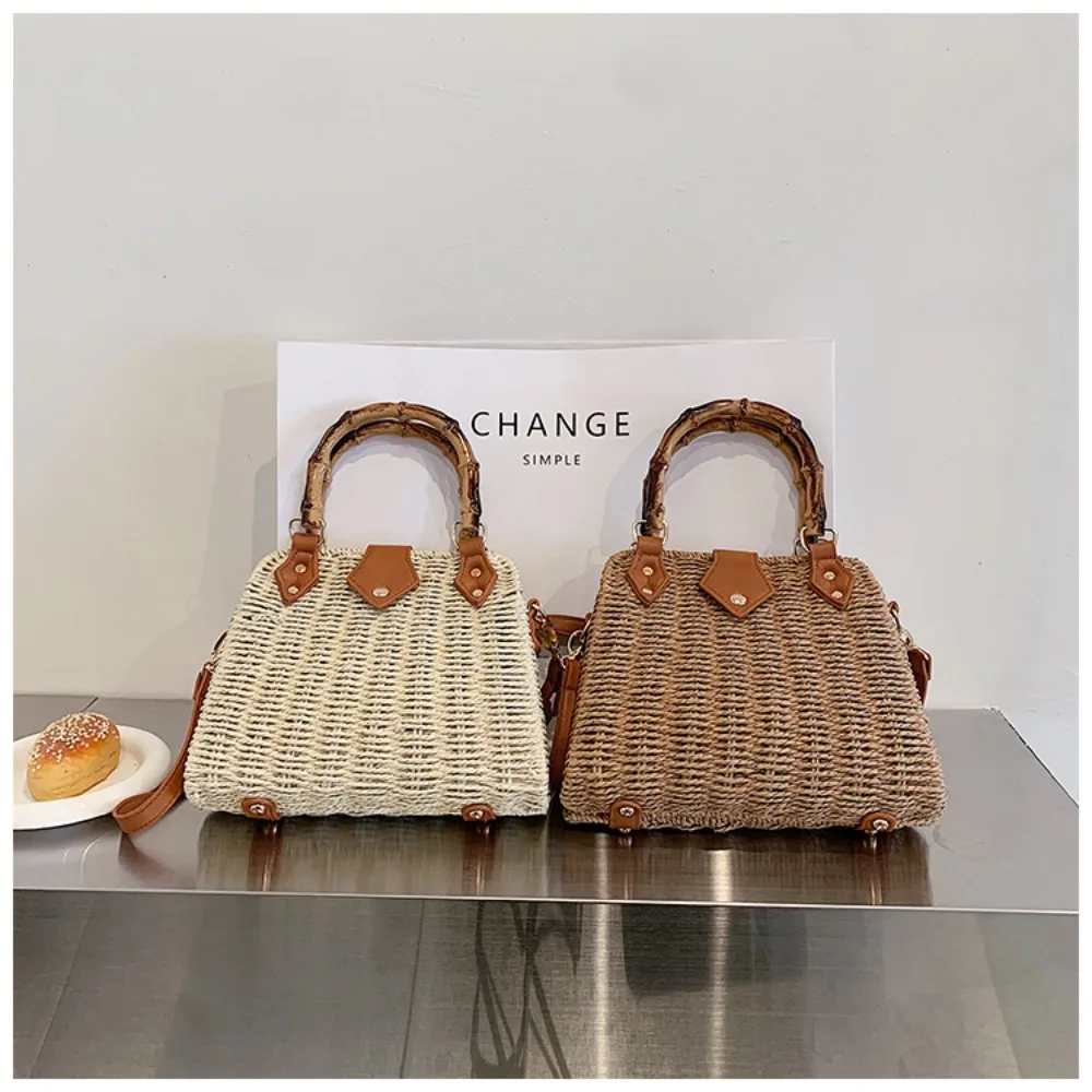

Straw Woven Bamboo Handle Straw Woven Bag Large Capacity Square Shape Shoulder Bag Travel Beach Bag