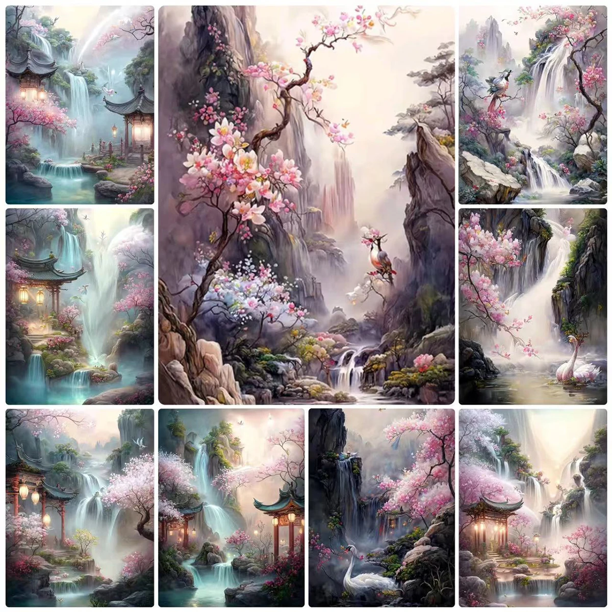 

Cherry Blossom Waterfall 5D DIY Diamond Painting Cross Stitch Kits Landscape Art Diamond Mosaic Embroidery Home Decor Handmade