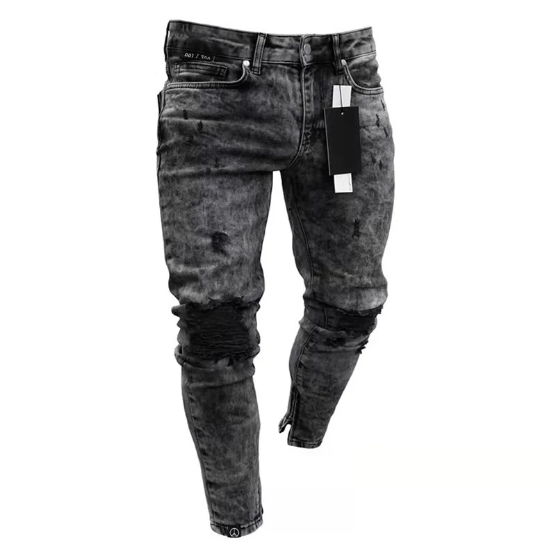 Men European American Style High Street Ripped Hip Hop Stylish Skinny Jeans High Quality Holes Casual Cotton Pencil Denim Pants