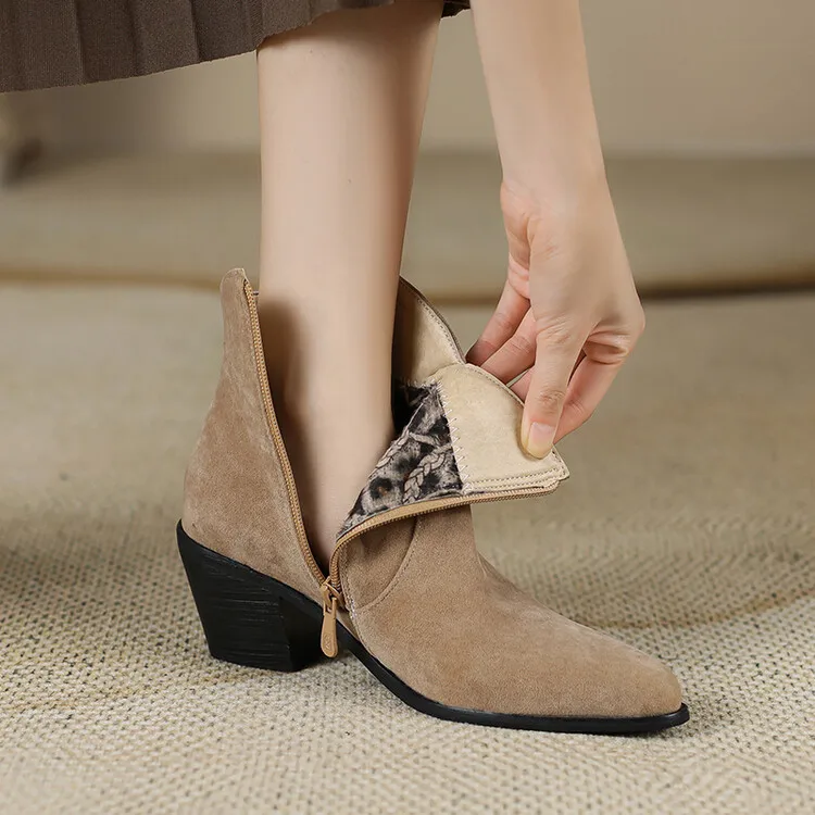 Big Size 46 Women Western Cowboy Boots Nubuck Thick Heels Cowgirl Short Boot Winter Shoes