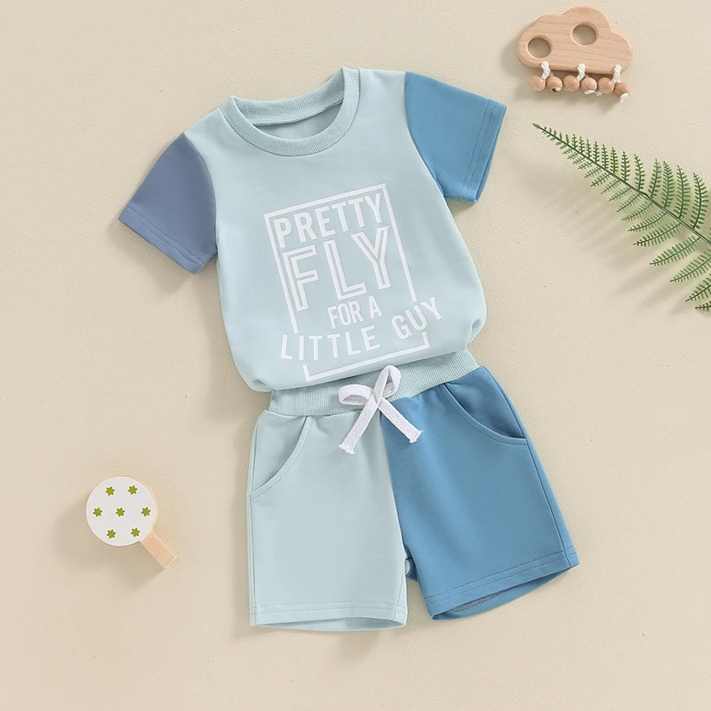 Toddler Boys Summer Outfits Letter Print Contrast Color Short Sleeve T-Shirts Tops Elastic Waist Shorts 2Pcs Clothes Set