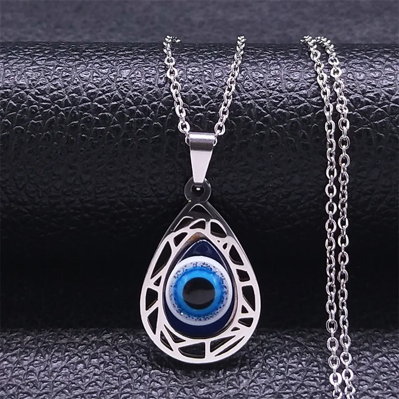 COOLSTEELANDBEYOND Collana Uomo E Donna Con Ciondolo Foglia D'Acero E Occhio Di Drago Blu, Acciaio Inossidabile, Catena 75cm, Vintage
