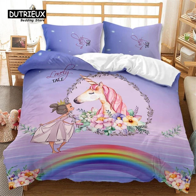 Conjunto de cama unicórnio para crianças, capa de edredão, colcha, têxtil,  arco-íris, floral, rainha, rei, meninas, adolescente, microfibra, tecido  caseiro - AliExpress