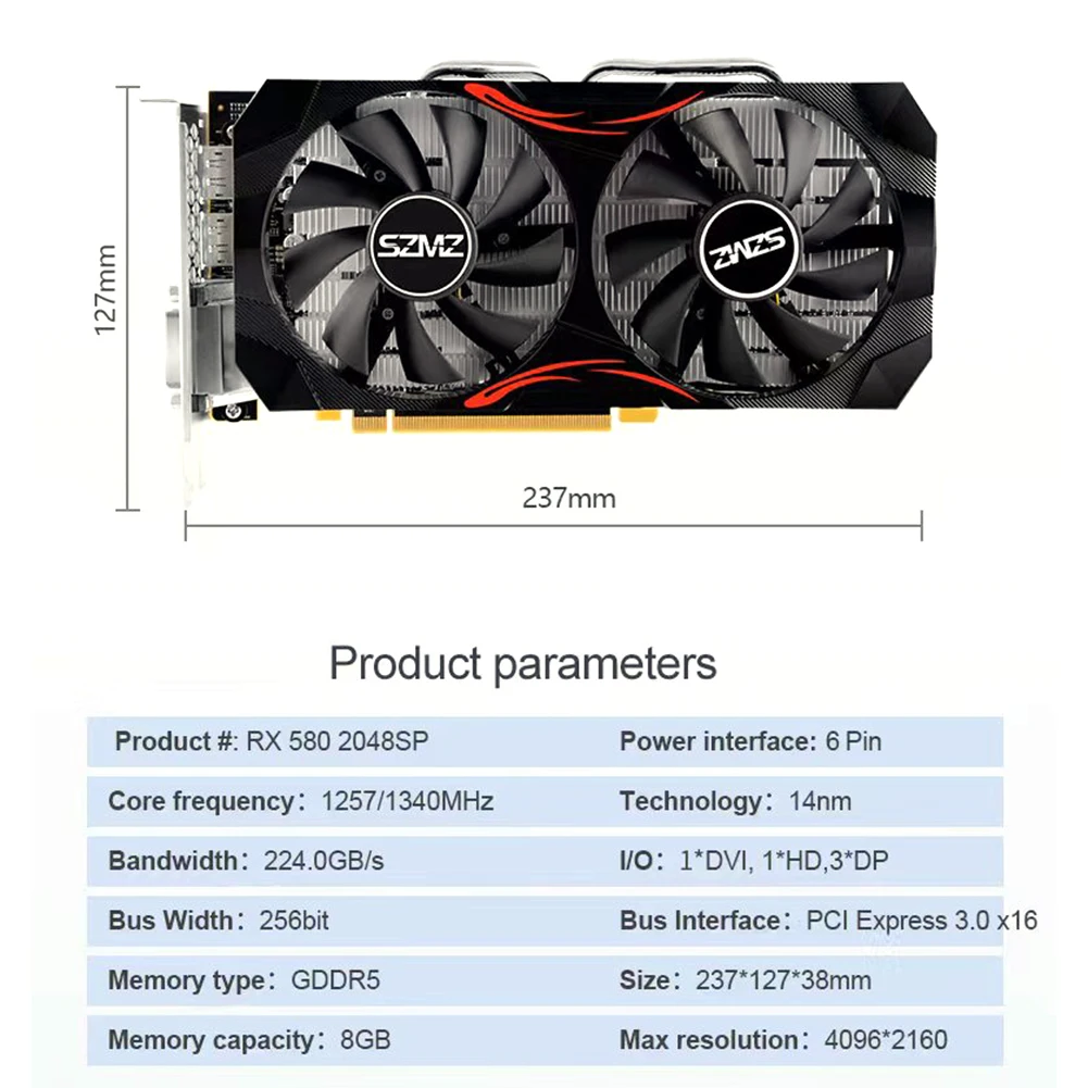 Placa Gráfica para pc Game Tubo de Radiador Gpu Display Card Mineração Rx580 gb gb gb 1gb 1257 1340mhz Gddr5 - Imagem 4