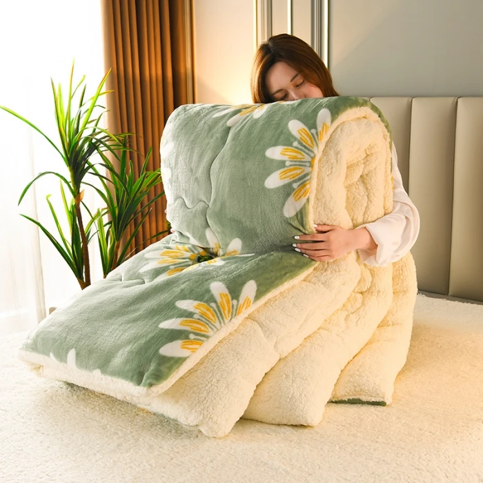 Winter Lamb Wool Blanket - Thick Printed Bedding for Dorms
