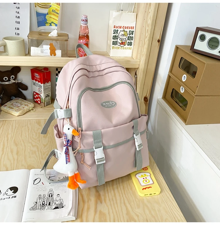 New High School Harajuku Double Buckle Women Backpack School Bags Teenage Girls Kawaii Backpack Waterproof Student Bag Mochila