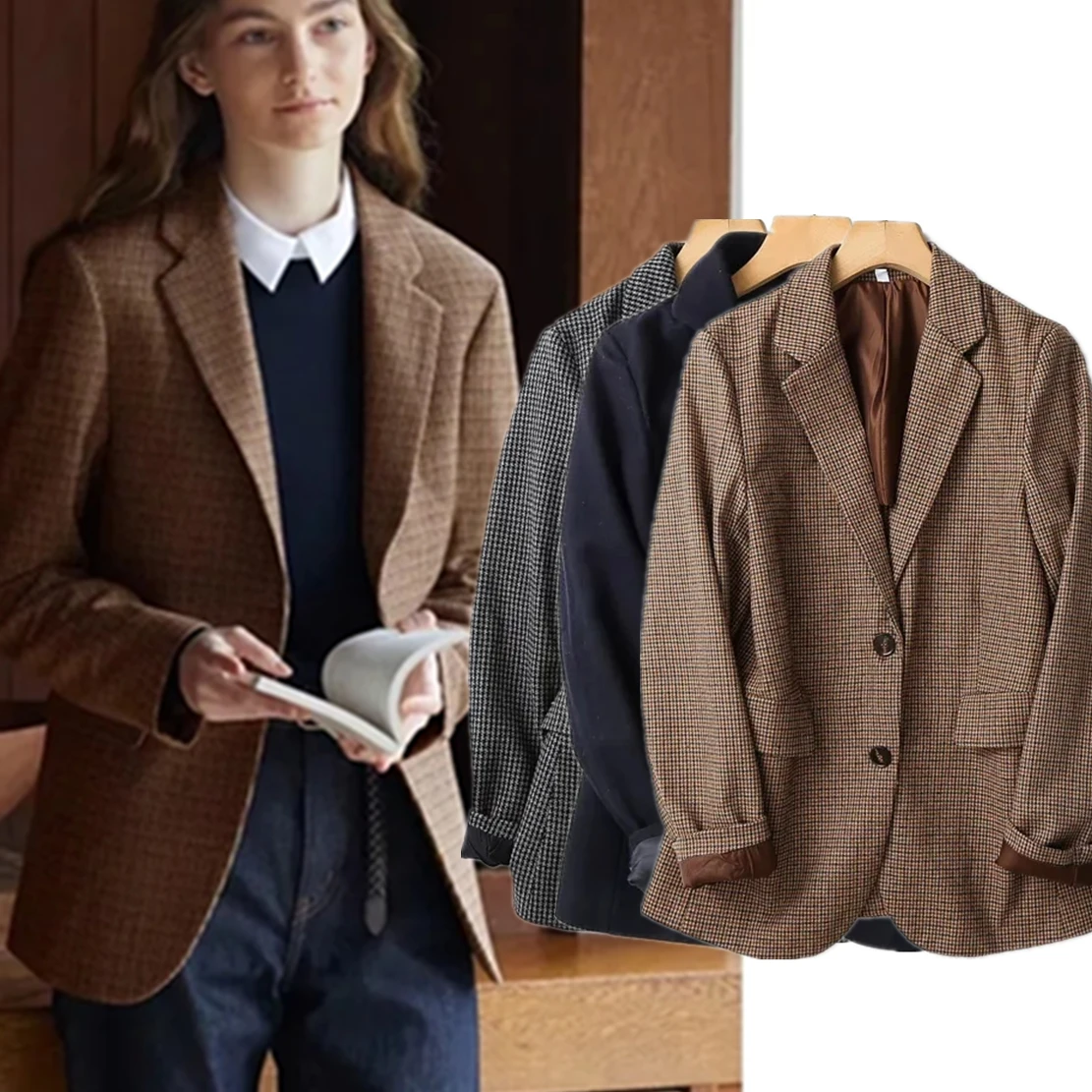 Jenny&Dave England Style Fashion Casual Checked Office lady High Street Vintage Plaid Single Breasted Blazers Women Tops