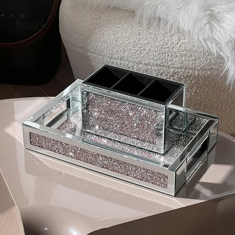 High End Diamond Inlaid Tray Modern Decor Service Tray Home Desktop Skincare Jewelry Organization Storage Trays Decorative 2
