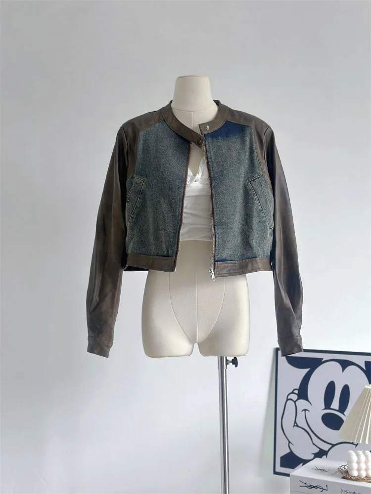 

Уличная одежда, Женская куртка из искусственной кожи в стиле пэчворк, осенне-зимнее темпераментное короткое пальто в американском ретро-стиле, модная куртка