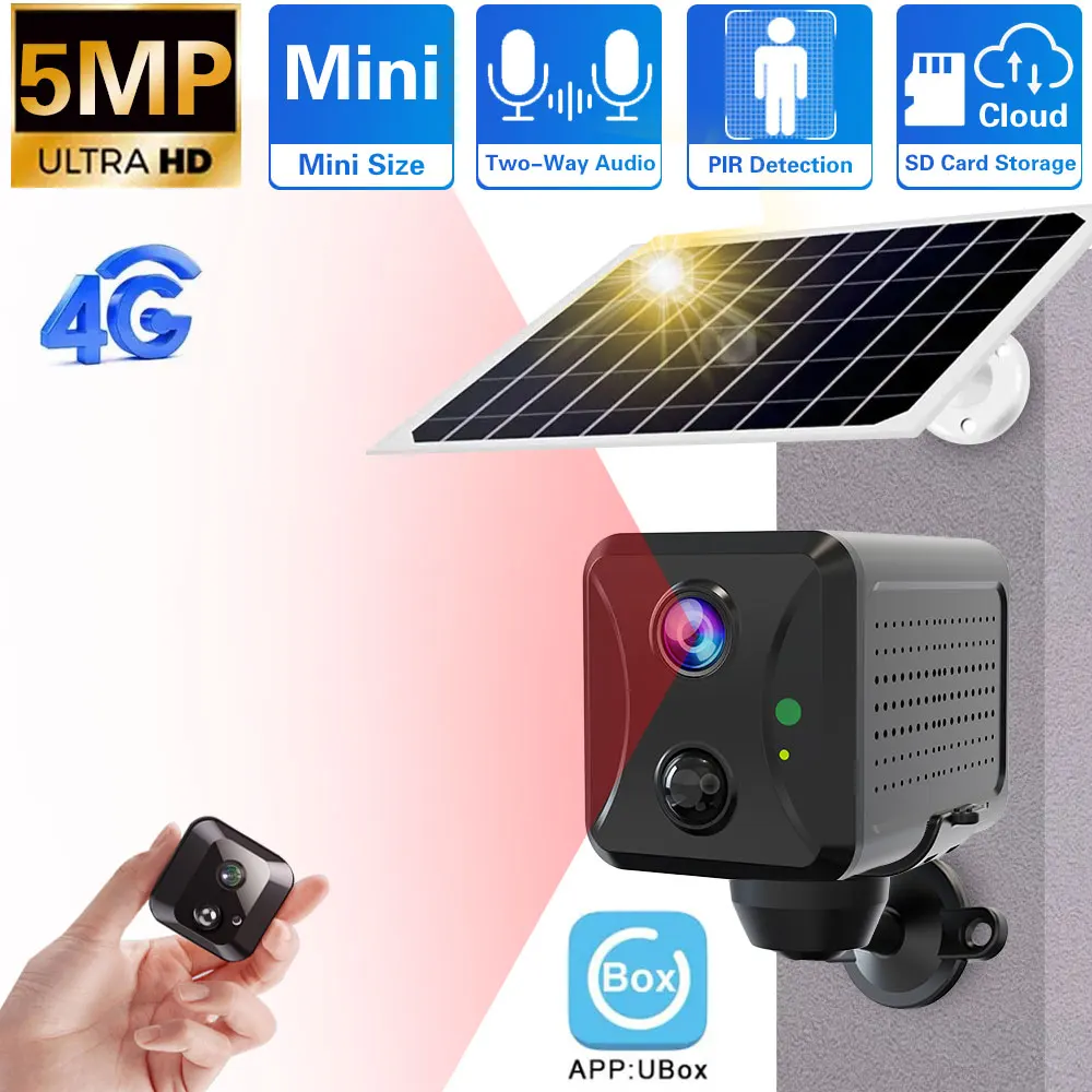 

4G SIM Card WiFi 5MP Mini Solar Panel Camera Outdoor PIR Detection CCTV Security Wireless Rechargeable Battery Long Time Standby