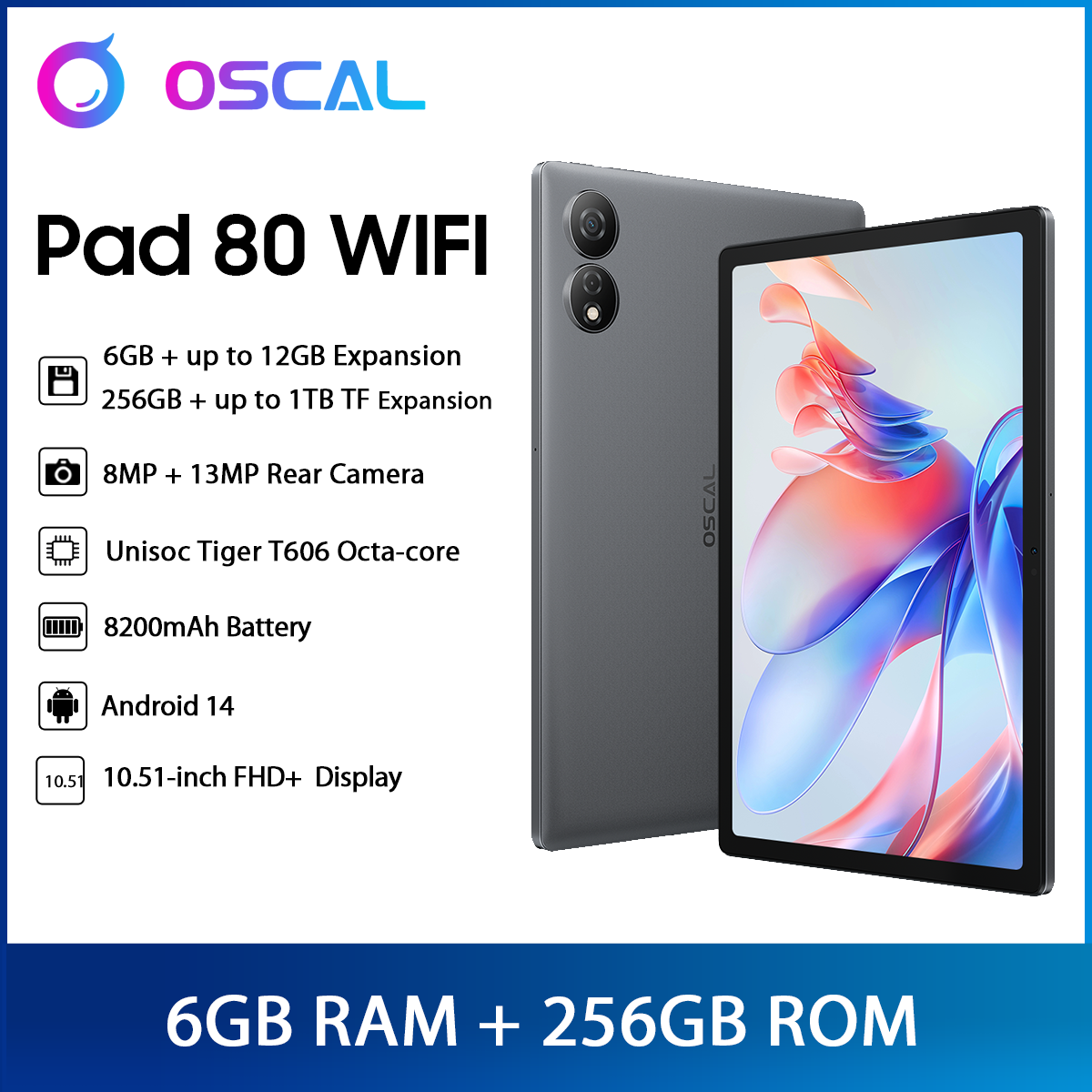 Oscal Pad 80 WIFI Tablet Android 14 10.51'' FHD+ Display T606 Octa Core 6GB RAM 256GB ROM 8200mAh Battery 13MP Camera