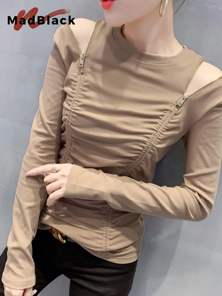

Весенняя футболка на молнии MadBlack с открытыми плечами и длинными рукавами, пикантные женские топы с рюшами, Осенние Топы, Новые облегающие футболки T31006X