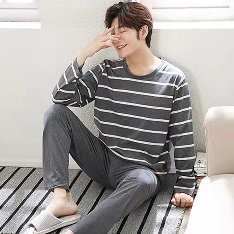 M-2XL 8Colors Stripe Lattice Letter Print Men Top Pants Nightwear Set Soft O-neck Long Sleeve Sleeping Resting Home Party Pajama