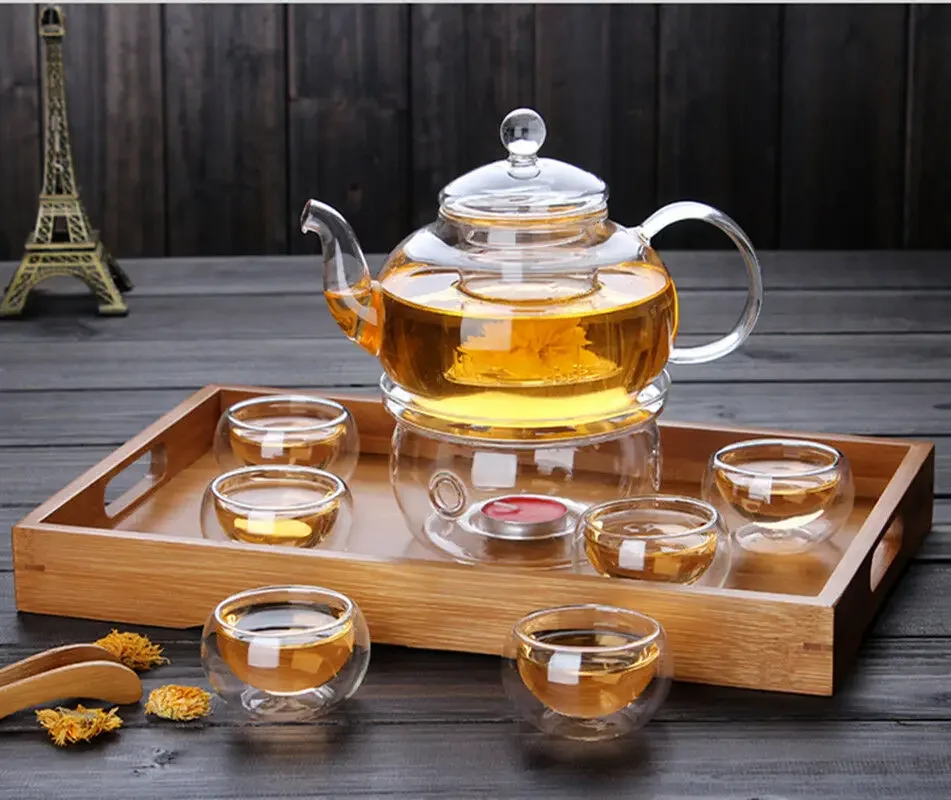 Tea Set High Borosilicate glass Tea Pot Set Infuser Coffee Leaf Herbal 6 Cups Warmer Teapot Gift Kitchen accessories Home matcha tea set coffee set