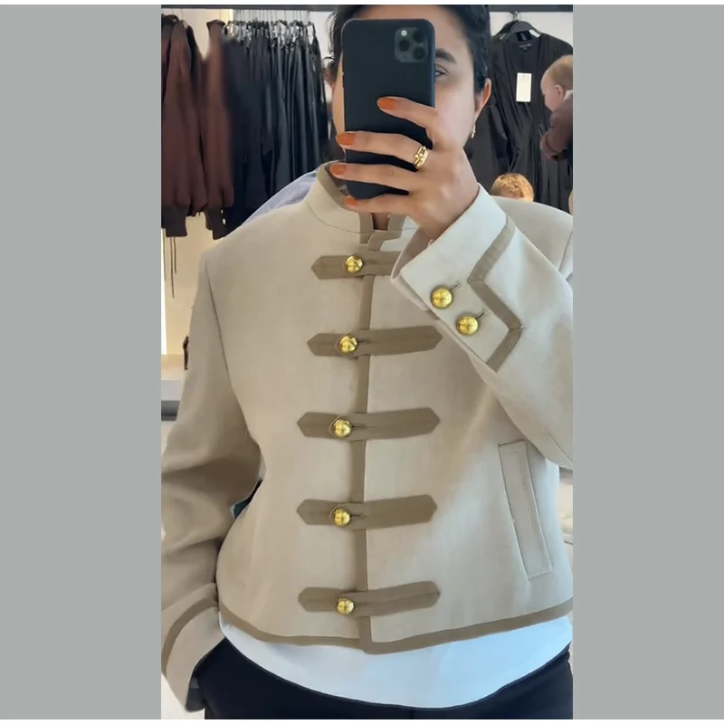 Beige abgeschnittene kurze Jacke für Damen, modisch, Stehkragen, Knebelverschluss, volle Ärmel, Mantel, 2023, Herbst, weibliche Pendel-Oberbekleidung – Detail 20
