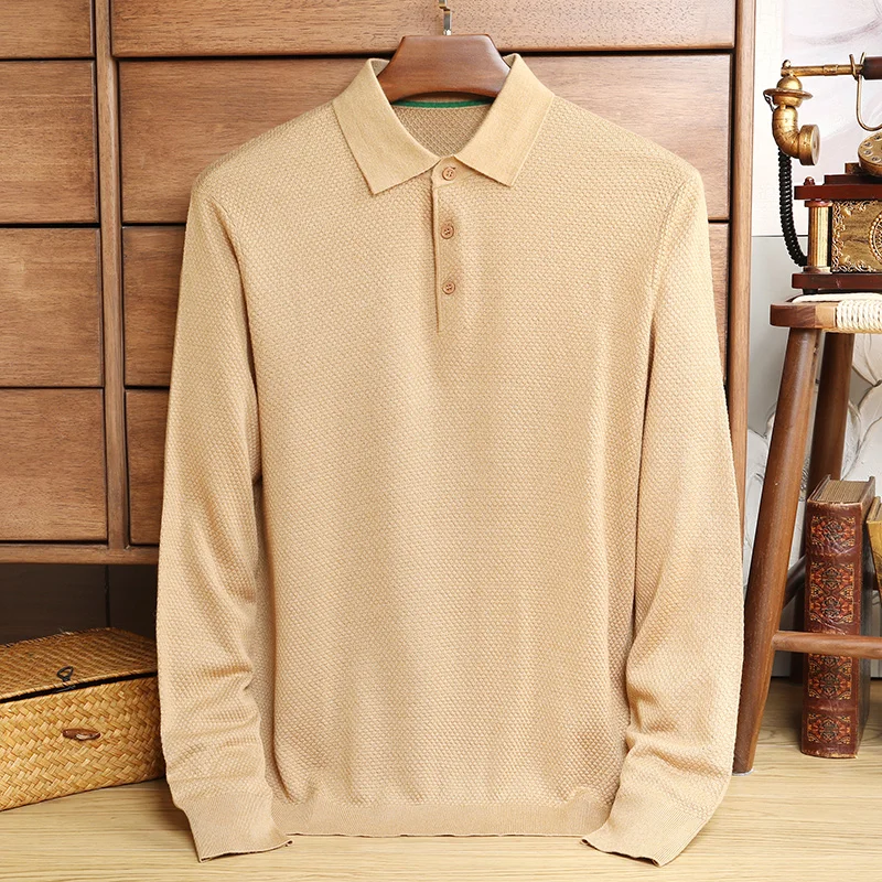 

Spring and Autumn Leisure Lapel Wool T-shirt Mulberry Silk Long-Sleeved Polo Shirt Men's Solid Color Knitted Bottoming Shirt