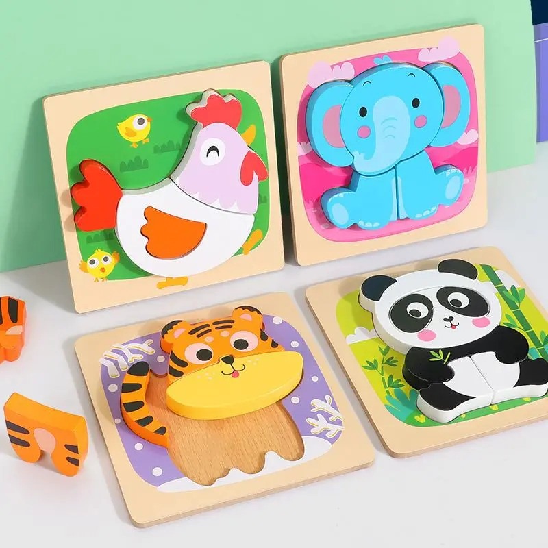 3D Wooden Puzzles Hand Grab Boards Toys Tangram Jigsaw Baby Educational Toys Cartoon Vehicle Animals Puzzles Gify for Toddler
