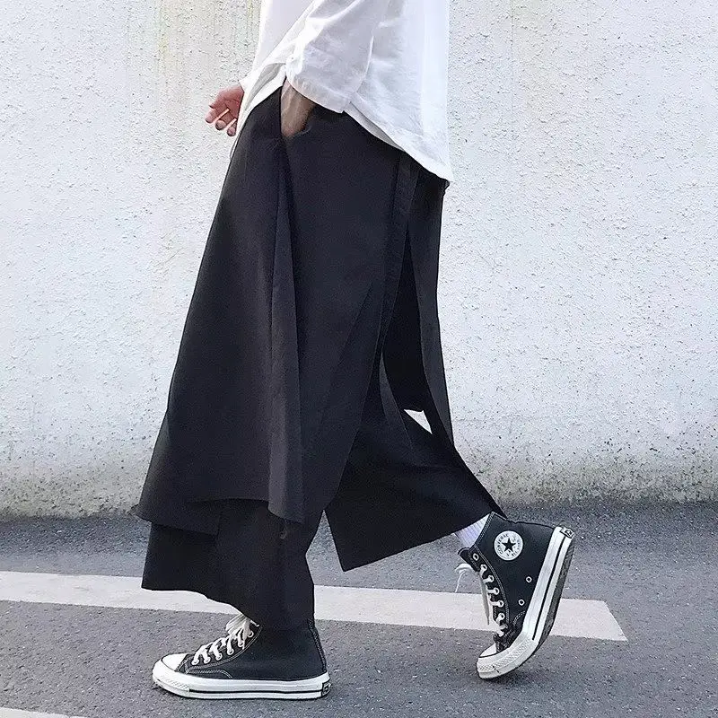 Fashion Black Straight Cropped Pants Streetwear Men's Casual Pants Wide Hip Hop Tang Suit Flared Online Chinese Store